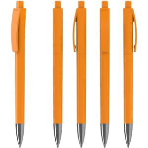 Five plastic pens in vibrant orange with silver tips and clips, arranged in a row. Each pen features a logo.