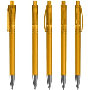 A set of transparent yellow plastic pens with silver tips, featuring a logo on the barrel.
