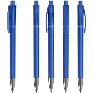 A set of transparent blue plastic pens with silver tips, featuring clips and a logo on each pen.