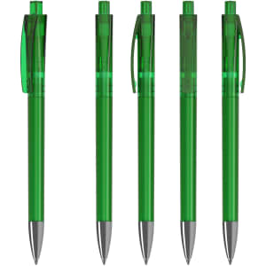 Five transparent green plastic pens with silver tips and clips, featuring a sleek design. Each pen has a cap.