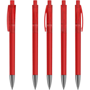 A set of five transparent red plastic pens with silver tips and clips, featuring a simple design and a logo.