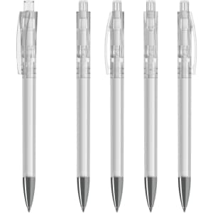 Five transparent plastic pens with grey tips, featuring clear barrels and caps. They also have a logo.