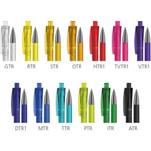 A collection of various plastic pens in multiple colours, featuring transparent and solid designs, with logos present.