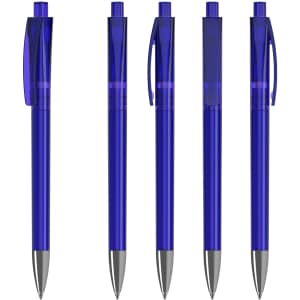 A set of transparent blue plastic pens with silver tips, featuring click mechanisms and distinctive branding.