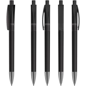 Five black plastic pens with transparent grips and silver tips, featuring a clip and branding.