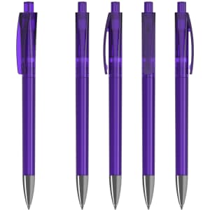 A set of five purple transparent plastic pens with silver tips and clear clips. Each pen features a branding logo.