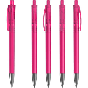 Five pink transparent plastic pens with silver tips, featuring a clip and click mechanism, arranged in a row.