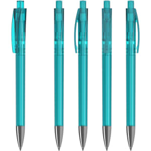 Five transparent turquoise plastic pens with silver tips and clips are aligned in a row. Each pen features a logo.