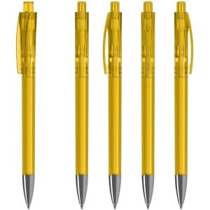 A set of transparent yellow plastic pens with grey tips, featuring a clip and retractable design.