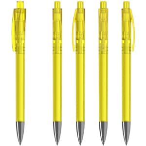 Five transparent yellow plastic pens with grey tips are arranged in a row, each featuring a clip and a cap.