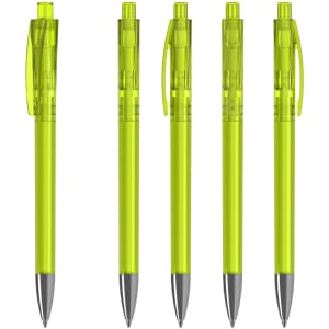Five transparent green plastic pens with grey tips and clips, arranged side by side. Each pen features a clip for attachment.