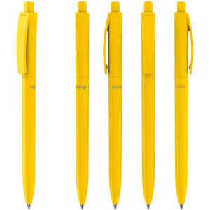 Five yellow plastic pens arranged in a line, featuring a logo and a streamlined design.