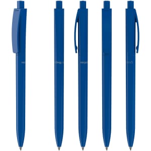 A set of blue plastic pens, featuring different designs, all with a branding logo.