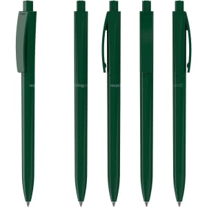 Five green plastic pens arranged in a row, each featuring a clip and a logo.