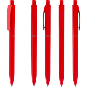 A set of five red plastic pens with a clip, featuring a logo.