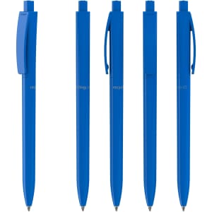 A collection of blue plastic pens arranged in a row, featuring a logo on some of the pens.