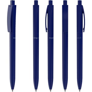A group of five navy blue plastic pens with a simple design and a branding logo on the side.
