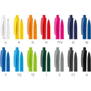 A selection of plastic pens in various colours including white, blue, green, red, yellow, pink, and black, with a logo.