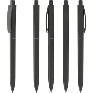 Five black plastic pens arranged in a row, each with a different clip style. The pens have a simple design and some feature branding.