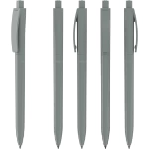 A set of five grey plastic pens displayed in a row, featuring a clip on each pen. Each pen has a sleek design and a logo.