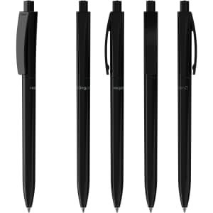 Five black plastic pens lined up, each featuring a different design, with one pen displaying a logo.