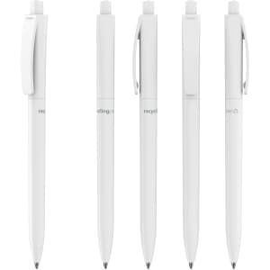 A set of five white plastic pens with sleek designs, featuring varied clip styles and a logo on some.