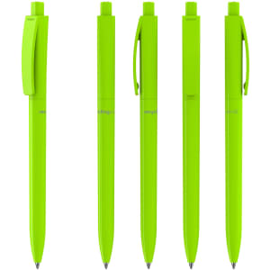 Five bright green plastic pens featuring a clip and smooth barrel, designed for writing. The product has a logo displayed.