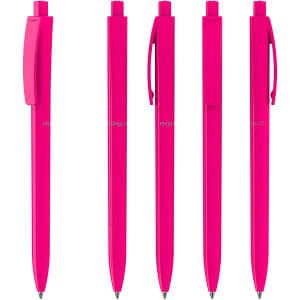 Five bright pink plastic pens arranged in a row, featuring a clip and a sleek design. Each pen has a branding logo.