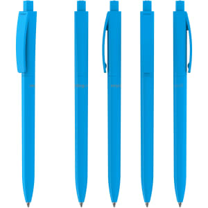 A set of five blue plastic pens with different clip designs, featuring a branding logo on each pen.