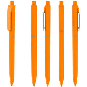 Five orange plastic pens arranged in a row, featuring clips and a brand logo on each.
