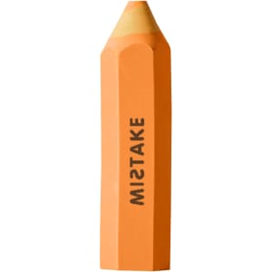 An orange pencil-shaped rubber eraser with a text design on the side and a flat tip.