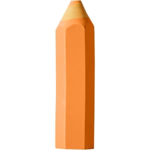 An orange pencil-shaped rubber eraser with a pointed top and a flat base, featuring an additional light yellow section.