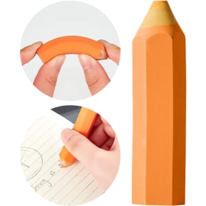 An orange pencil-shaped rubber eraser with a tapered end, shown in two images featuring hands using it.