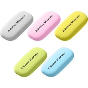 A collection of four rubber erasers in grey, pink, yellow, and blue, featuring a logo on each.