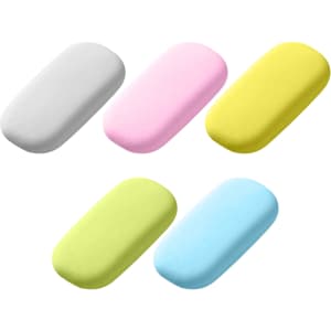 A collection of five rubber erasers in white, pink, yellow, green, and blue, featuring an oval shape and a brand logo.