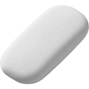 A white rubber eraser with a smooth, rectangular shape, featuring rounded edges and a subtle texture.