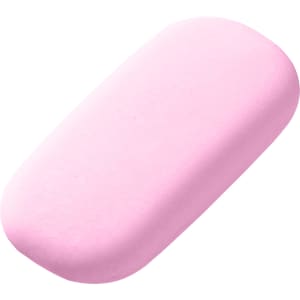 A pink rubber eraser with a smooth, rounded shape, featuring a simple design. It has a logo on one side.