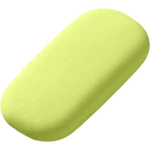 A lime green rubber eraser with a smooth, rounded rectangular shape. It has a simple design and a branding logo.
