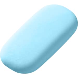 A light blue rubber eraser with a smooth, rounded shape, featuring a logo on the surface.