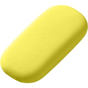 A yellow rubber eraser with a smooth, rounded shape and subtle texture. It features a branding logo.