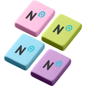 Four rectangular rubber erasers in pink, green, blue, and purple, each with a logo on the surface.