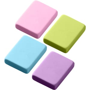 Four rectangular rubber erasers in pink, green, blue, and purple, arranged in a grid pattern. Each eraser has a smooth surface.