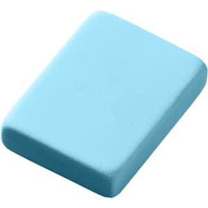 A blue rectangular rubber eraser with a smooth texture and rounded edges, featuring a logo on one side.