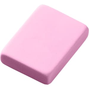 A pink rubber eraser with a rectangular shape, featuring a smooth surface and rounded edges.