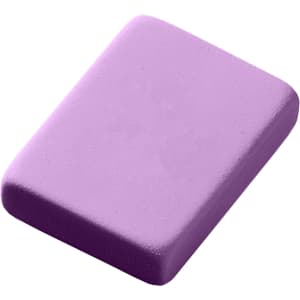 A purple rubber eraser with a rectangular shape and smooth surface. It features a logo on one side.