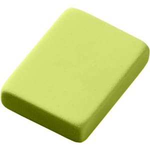 A lime green rectangular rubber eraser with rounded edges, featuring a simple design and a logo.