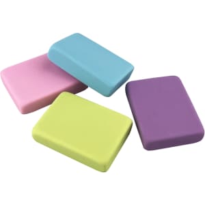 A set of four rectangular rubber erasers in pink, blue, green, and purple, featuring a logo on one.