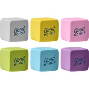 A set of six cube-shaped rubber erasers in grey, yellow, pink, green, blue, and purple, featuring a logo.