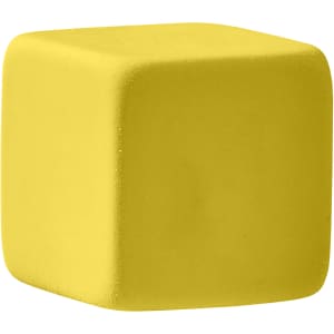 A yellow cube-shaped rubber eraser with a smooth surface and rounded edges. It features a logo on one side.
