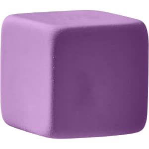 A purple rubber eraser in a cube shape, featuring a smooth surface and rounded edges.